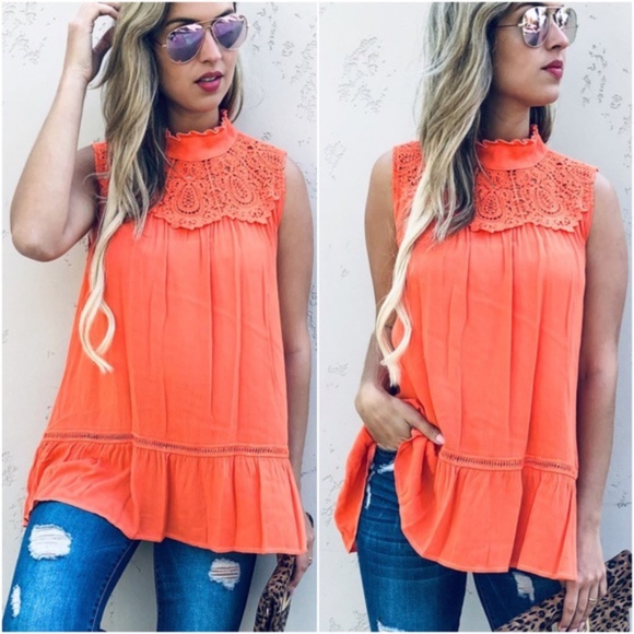019 Boho Orange Mock Neck Lace Ruffle Tunic Top - Picture 2 of 5